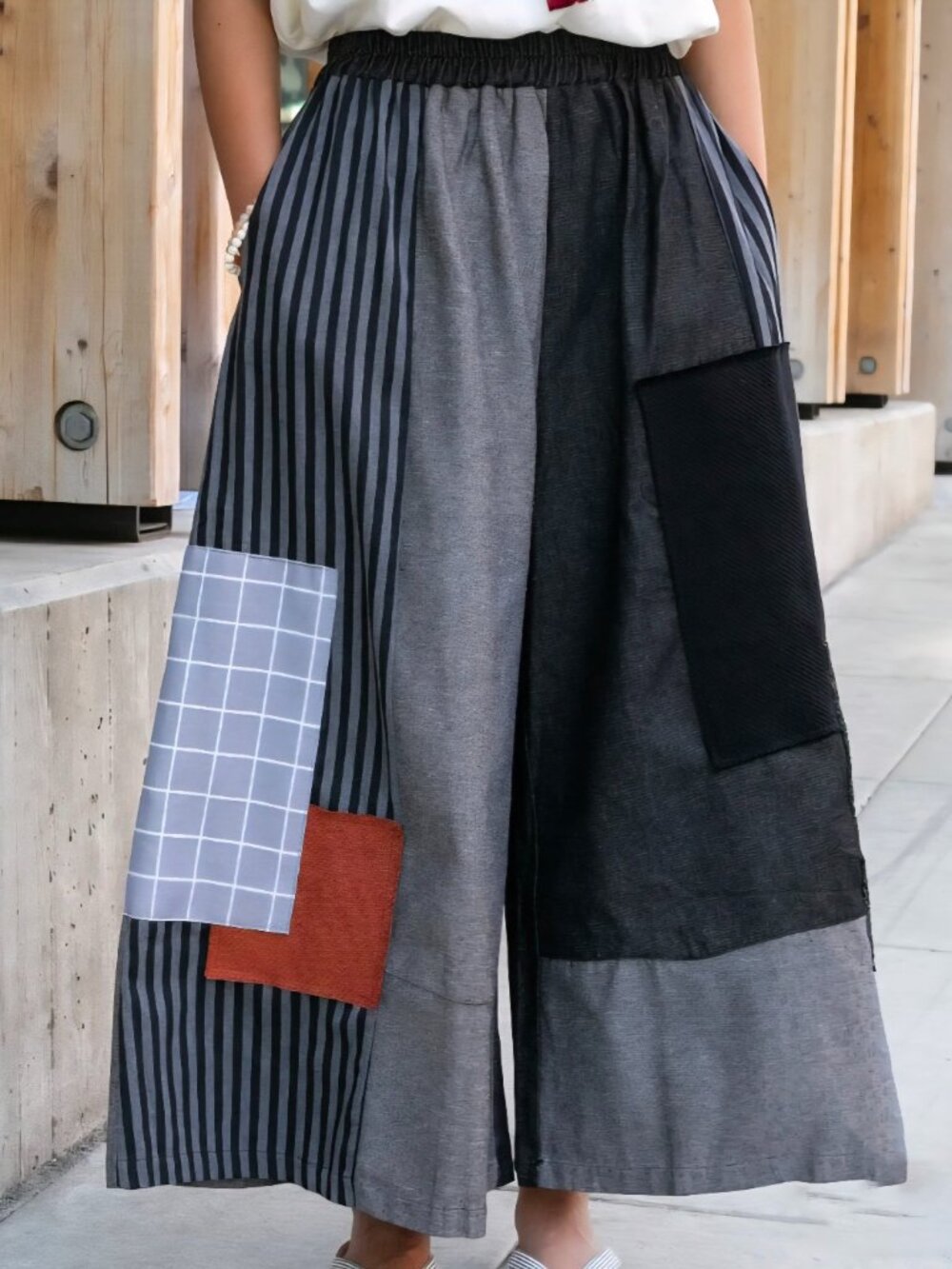 Kiriko Original Wide Leg Pants Pull on Black & Charcoal Patched one size